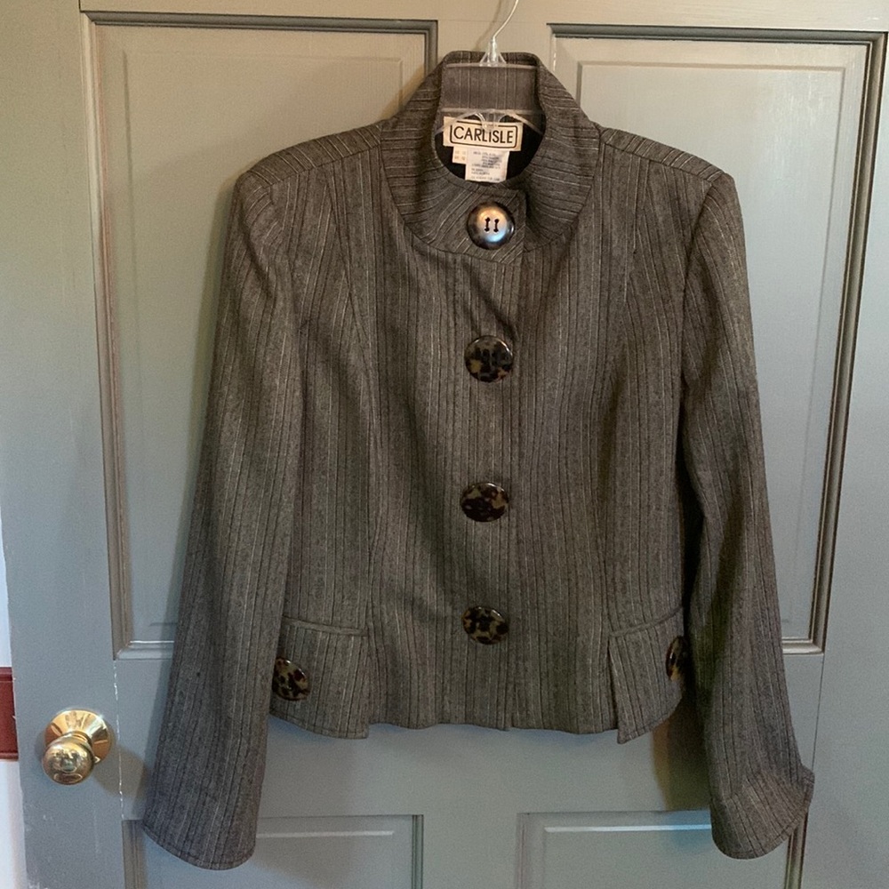 Carlisle black striped jacket with tortoiseshell snap buttons, size 10